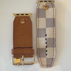 Louis Vuitton Brown Leather and Cream Check Apple Watch Strap with Gold Hardware